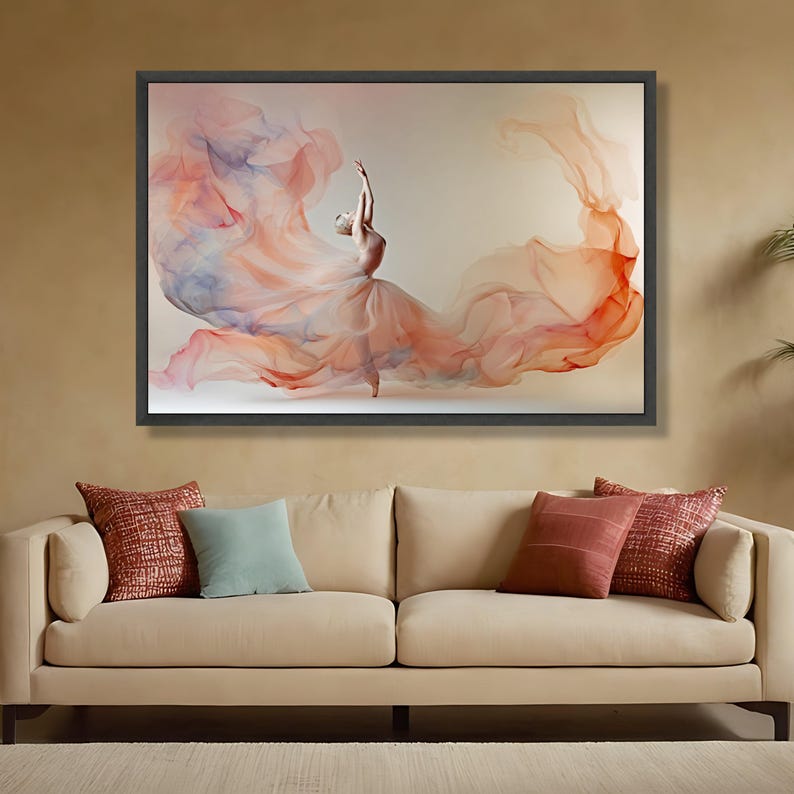 Elegant Ballerina Dance Canvas Wall Art, Flowing Fabric Design, Soft Pastel Home Decoration, Modern Ballet Artwork, Ready to Hang image 3