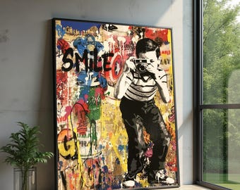 Vintage Boy Photographer Canvas Wall Art, Urban Graffiti Style Canvas, Pop Art Street Scene, Colorful Modern Wall Decor, Ready to Hang