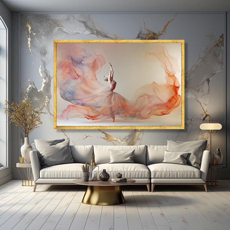 Elegant Ballerina Dance Canvas Wall Art, Flowing Fabric Design, Soft Pastel Home Decoration, Modern Ballet Artwork, Ready to Hang image 2