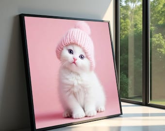 Adorable toile de chaton blanc, oeuvre d'art murale chat mignon, portrait en fourrure duveteuse, bonnet rose, décoration animalière douce, toile pour chambre d'enfant