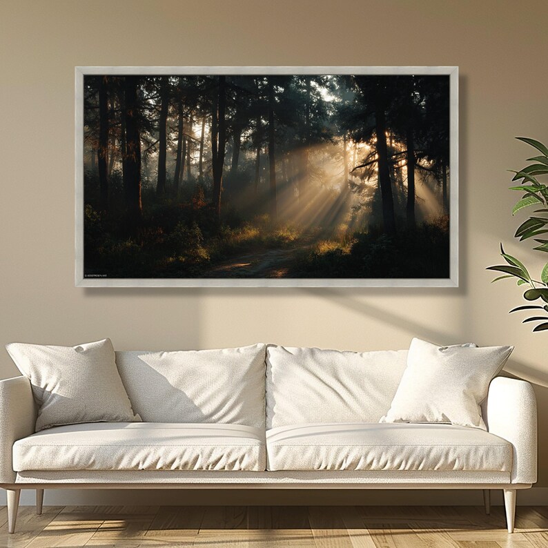 Enchanted Forest Sunrise, Sunrays Through Trees Canvas, Mystical Woodland Wall Art, Nature Landscape Canvas, Atmospheric Forest Decor image 4