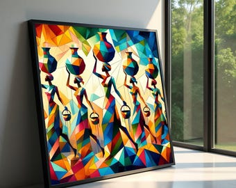 Abstract African Women Canvas, Colorful Geometric Art, Tribal Pottery Wall Art, Ethnic Home Decor, Vibrant Canvas Ready to Hang