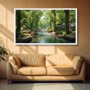 Tranquil Forest Stream Canvas, Nature River Landscape Wall Art, Green Woodland Scenery, Relaxing Water Scene Canvas, Ready to Hang Home image 5