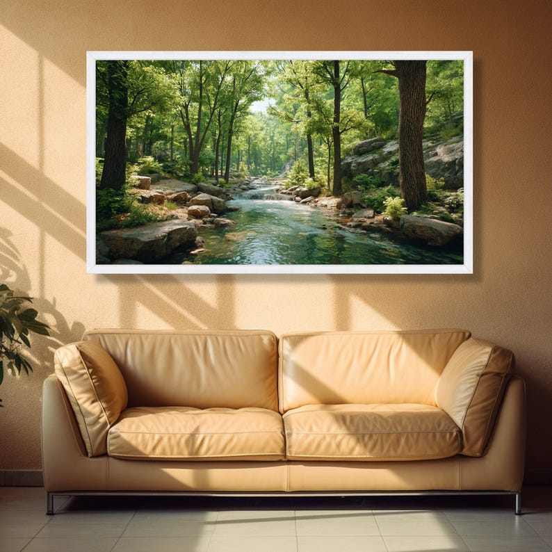 Tranquil Forest Stream Canvas, Nature River Landscape Wall Art, Green Woodland Scenery, Relaxing Water Scene Canvas, Ready to Hang Home image 5