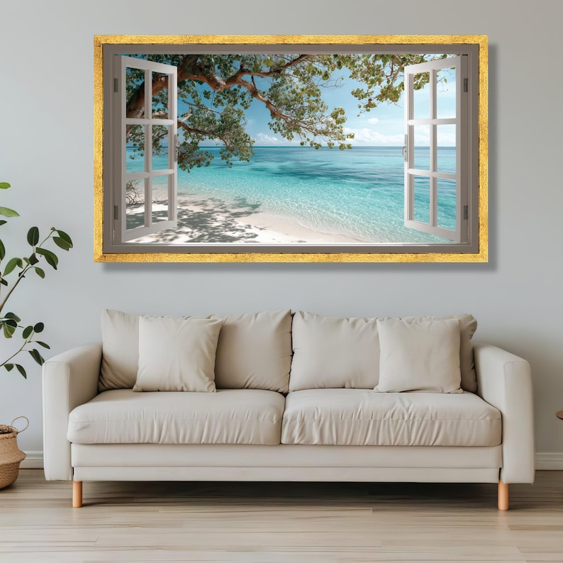 Tropical Beach View Through Open Window Canvas, Ocean Wall Art, Coastal ...