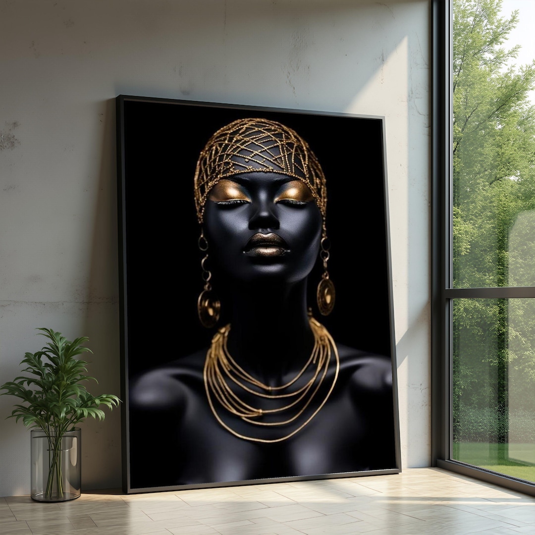 Elegant Black and Gold Portrait Canvas, Modern African Woman Wall Art ...