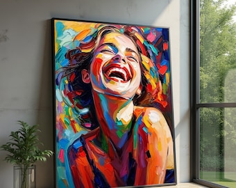 Joyful Woman Laughing Canvas Wall Art, Colorful Abstract Portrait Expressive Modern Home Decor, Vibrant Emotion Canvas Print