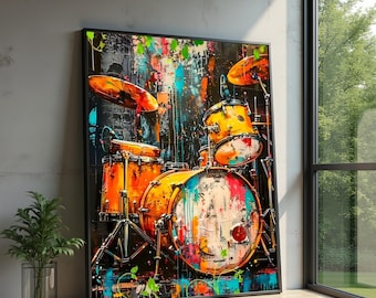 Vibrant Drum Set Canvas, Colorful Percussion Wall Art, Music Instrument Decor, Abstract Band Room Canvas, Modern Music Artwork
