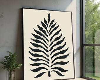 Abstrakt svart lövcanvas väggkonst, minimalistisk botanisk design, modern naturcanvas, neutral heminredning, färdigt att hängas upp konstverk