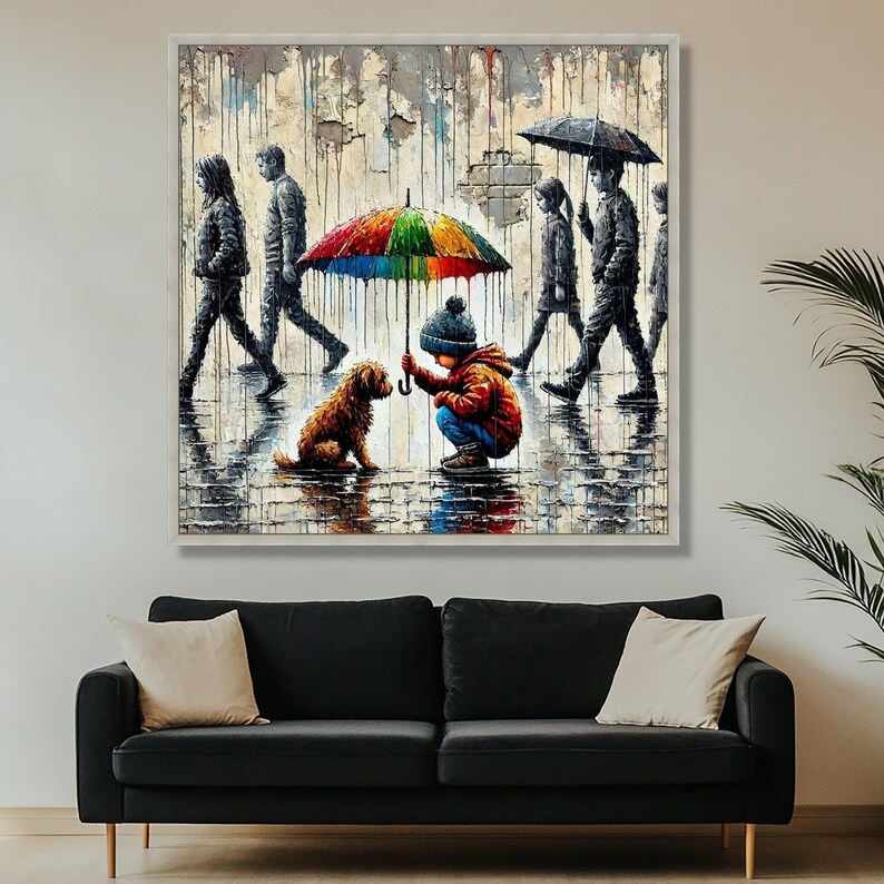Child and Dog with Colorful Umbrella, Urban Rain Scene Canvas, Heartwarming Street Art Print, Modern Wall Art Decor, Ready to Hang Canvas image 4