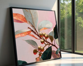 Elegante lienzo con ramas botánicas, arte mural con bayas doradas, hojas pastel, decoración floral moderna para el hogar, lienzo con motivos naturales.