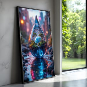 May include: Framed art print depicting a water droplet with a miniature Earth inside, complete with trees and a waterfall. The droplet reflects a city scene with vibrant lights, creating a surreal and dreamlike atmosphere.