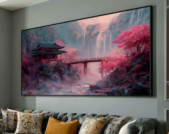 Tranquil Japanese Temple Scene, Cherry Blossom Bridge Canvas, Misty Waterfall Landscape, Asian Nature Wall Art, Home Décor Canvas Print