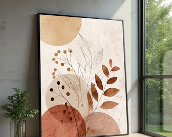 Abstrakt botanisk canvastavla, jordfärgade löv, minimalistisk växtillustration, modern neutral heminredning, naturcanvas