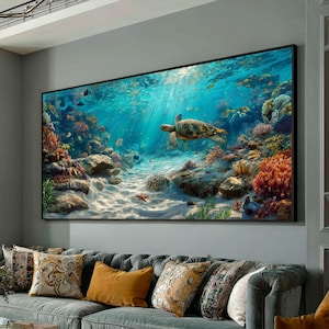Lienzo vibrante de arrecife de coral submarino, arte mural de tortugas marinas, decoración de lienzo con escenas de naturaleza marina, impresión en lienzo de agua tropical.