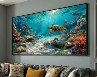 Vibrant Underwater Coral Reef Canvas, Sea Turtle Ocean Life Wall Art, Marine Nature Scene Canvas Decoration, Tropical Aquatic Canvas Print