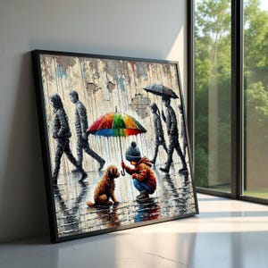 Child and Dog with Colorful Umbrella, Urban Rain Scene Canvas, Heartwarming Street Art Print, Modern Wall Art Decor, Ready to Hang Canvas image 1