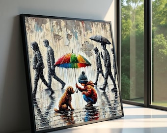 Child and Dog with Colorful Umbrella, Urban Rain Scene Canvas, Heartwarming Street Art Print, Modern Wall Art Decor, Ready to Hang Canvas