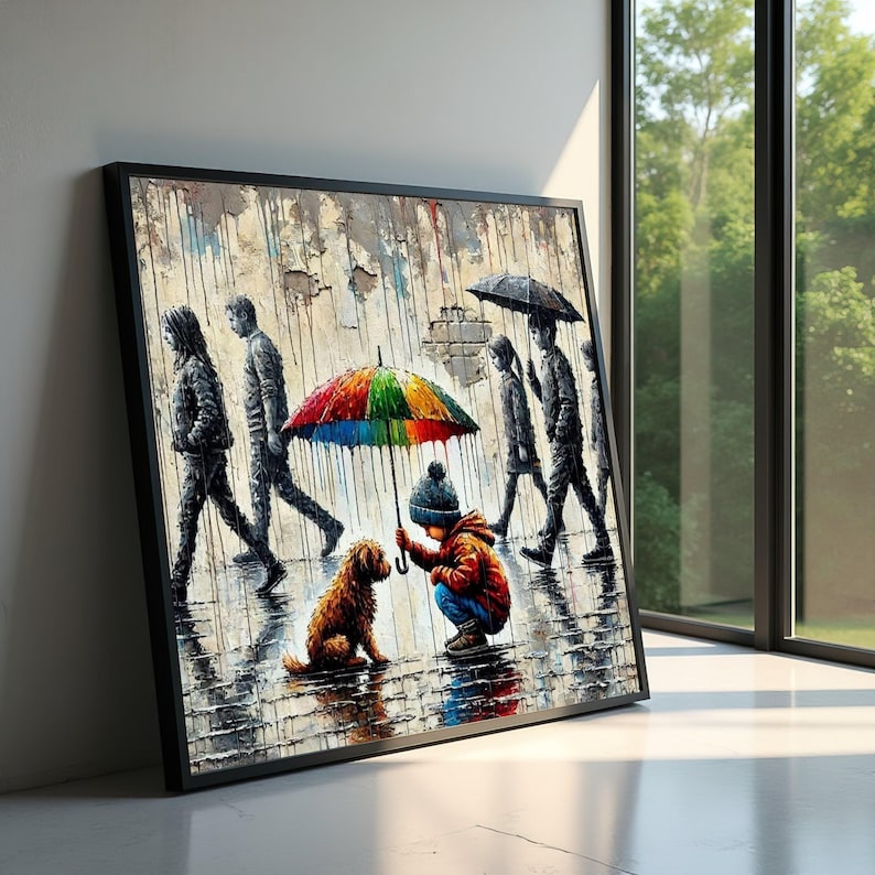 Child and Dog with Colorful Umbrella, Urban Rain Scene Canvas, Heartwarming Street Art Print, Modern Wall Art Decor, Ready to Hang Canvas image 1