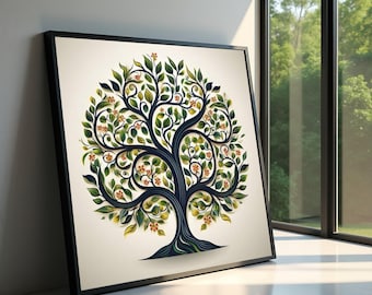 Può includere: Stampa artistica incorniciata con un design ad albero stilizzato. L'albero ha un tronco e rami blu scuro, adornati da foglie verdi e piccoli fiori arancioni. L'opera d'arte è ambientata su uno sfondo color crema e incorniciata in nero.