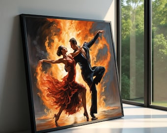 May include: A framed artwork depicts a couple dancing the tango. The woman wears a flowing red dress, while the man is in a black suit. The background features fiery orange and yellow hues, creating a dramatic effect.