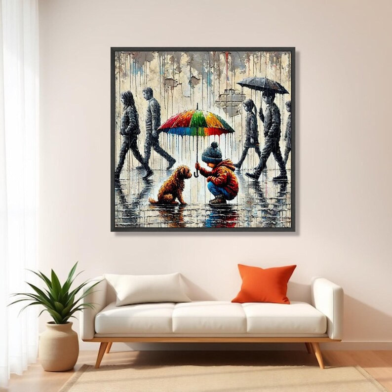 Child and Dog with Colorful Umbrella, Urban Rain Scene Canvas, Heartwarming Street Art Print, Modern Wall Art Decor, Ready to Hang Canvas image 3