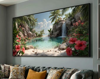 Tropical Waterfall Oasis Canvas, Exotic Beach Scene Wall Art, Hibiscus Floral Decor, Palm Trees Nature Landscape, Relaxing Coastal Canvas