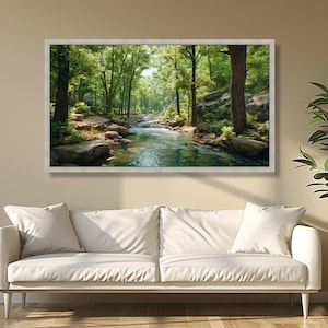 Tranquil Forest Stream Canvas, Nature River Landscape Wall Art, Green Woodland Scenery, Relaxing Water Scene Canvas, Ready to Hang Home image 4