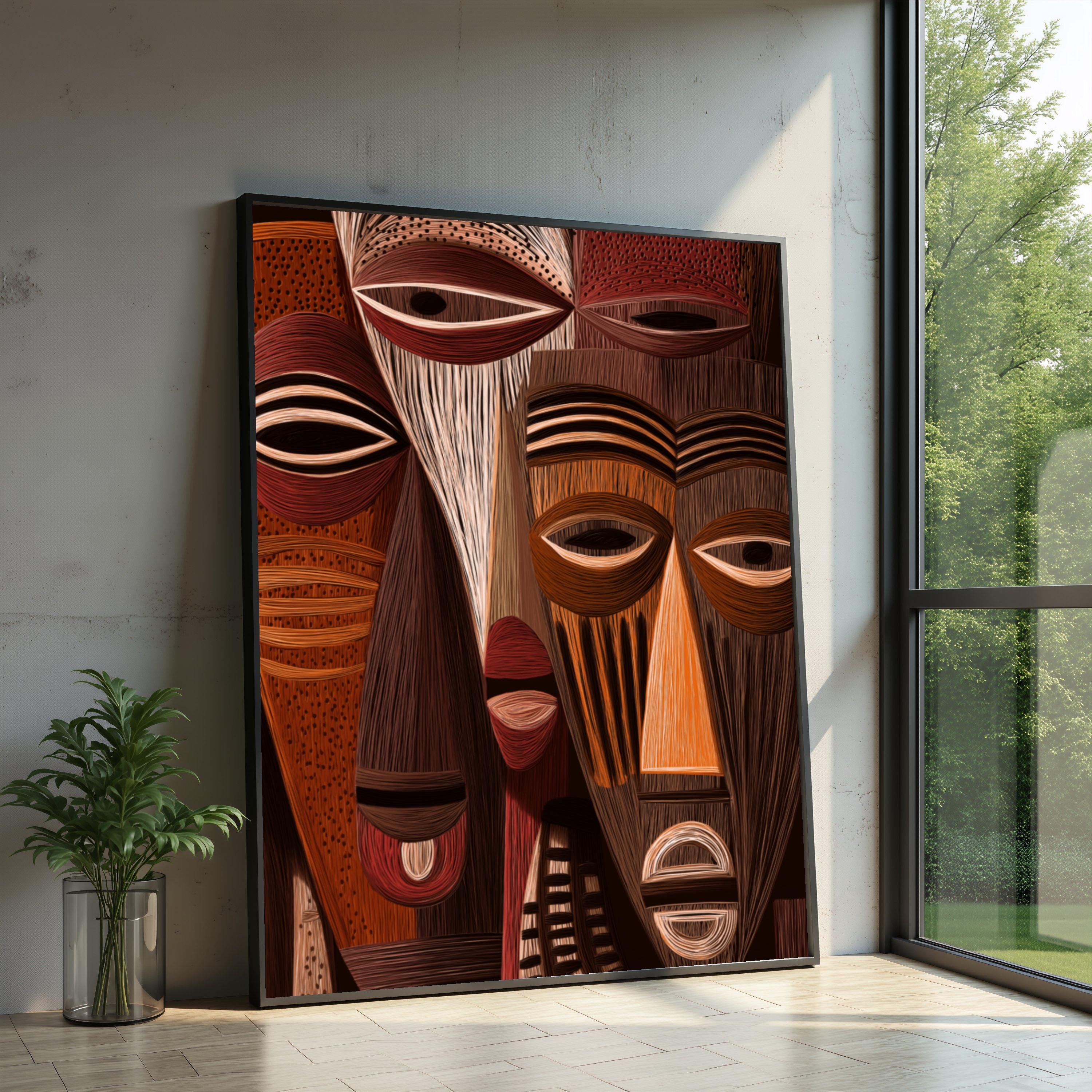 African Tribal Mask Canvas Wall Art, Ethnic Abstract Face Brown