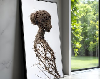 Abstract Female Silhouette Canvas, Natural Twig Wall Art, 3D Branch Sculpture Print, Modern Organic Home Decor, Botanical Canvas Artwork