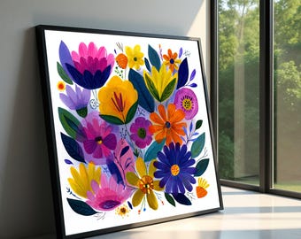 Vibrant Floral Bloom Canvas Wall Art, Colorful Garden Flowers, Abstract Botanical Canvas, Modern Nature Decoration, Ready to Hang Artwork