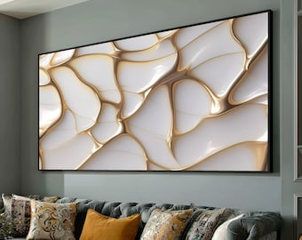 Elegante lienzo abstracto con flujo dorado, arte mural moderno con formas orgánicas, diseño de lujo, decoración contemporánea para el hogar, listo para colgar.