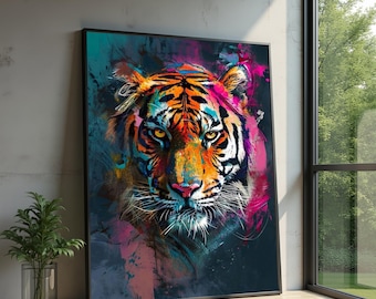 Vibrant Tiger Portrait Canvas, Modern Animal Wall Art, Colorful Jungle Cat Print, Abstract Wildlife Canvas, Bold Home Decoration