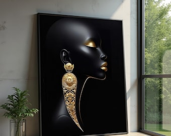 Elegant Black Woman Portrait Canvas, Gold Accent Wall Art, Modern African Decor, Luxury Face Profile Canvas, Glamorous Home Decoration