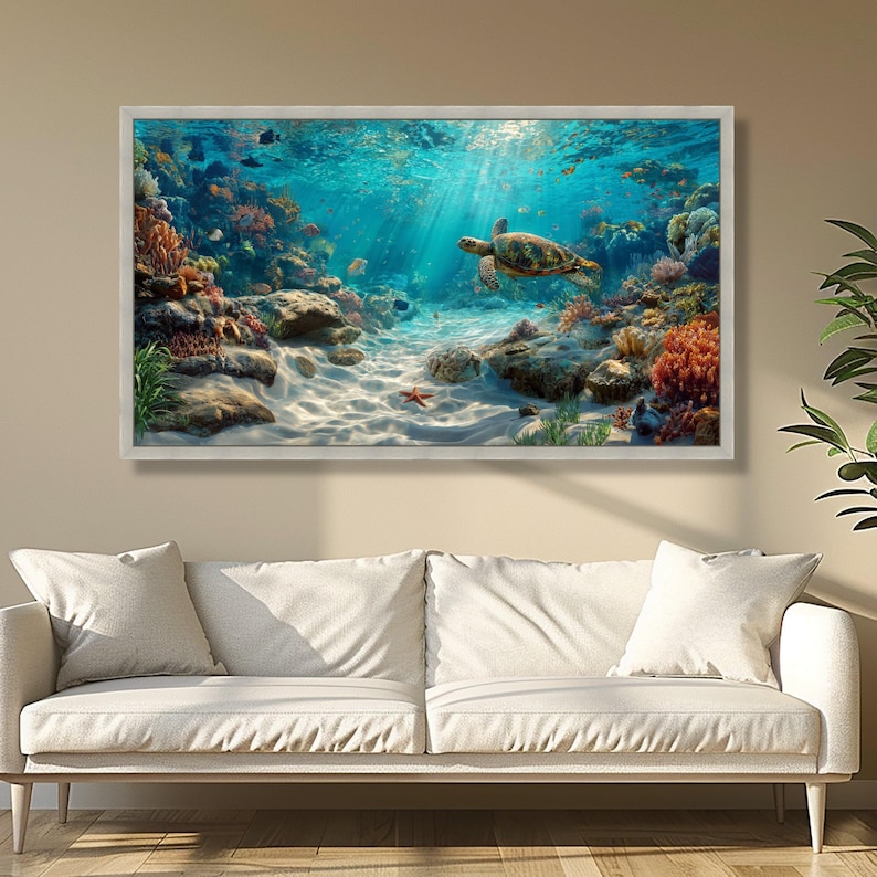 Vibrant Underwater Coral Reef Canvas, Sea Turtle Ocean Life Wall Art ...