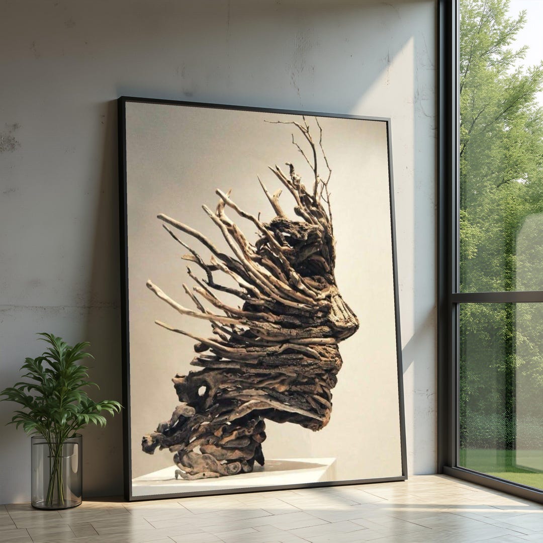 Abstract Driftwood Face Sculpture Canvas, Natural Wood Wall Art, Rustic ...