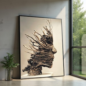 Abstract Driftwood Face Sculpture Canvas, Natural Wood Wall Art, Rustic Home Decor, Organic Canvas, Modern Artistic Display