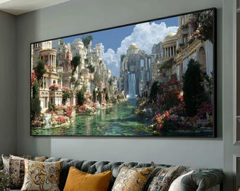 Verzauberte alte Stadtansicht Leinwand, Wasserfall und Blumengarten Wand Kunst, Mediterrane Architektur Leinwand, Natur und Geschichte Wohnkultur
