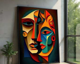 Abstract Cubism Faces Canvas, Modern Geometric Wall Art, Colorful Portrait Contemporary Canvas Decor, Artistic Expression Wall Hanging