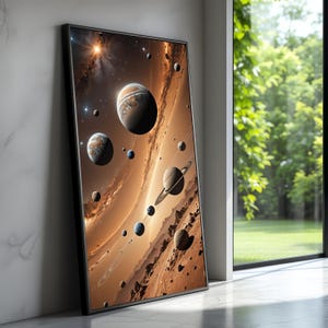 Puede incluir: Una impresión artística enmarcada que representa una vibrante escena espacial. La obra de arte muestra planetas, anillos y cuerpos celestes en tonos marrones, naranjas y azules. La impresión está apoyada contra una pared de mármol blanco.