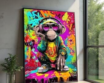 Cool Hip Hop Monkey DJ Canvas, Urban Street Art Wall Decor