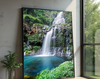 Serene Waterfall Canvas Wall Art, Tropical Landscape Canvas, Nature Waterfall Scene, Lush Greenery Wall Decor, Tranquil Home Decoration
