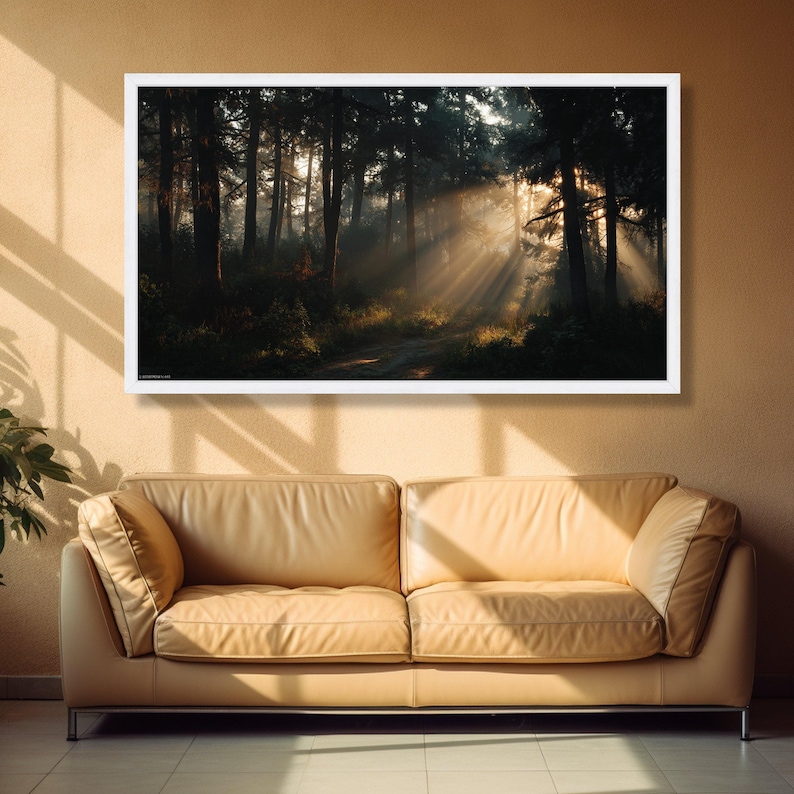 Enchanted Forest Sunrise, Sunrays Through Trees Canvas, Mystical Woodland Wall Art, Nature Landscape Canvas, Atmospheric Forest Decor image 5