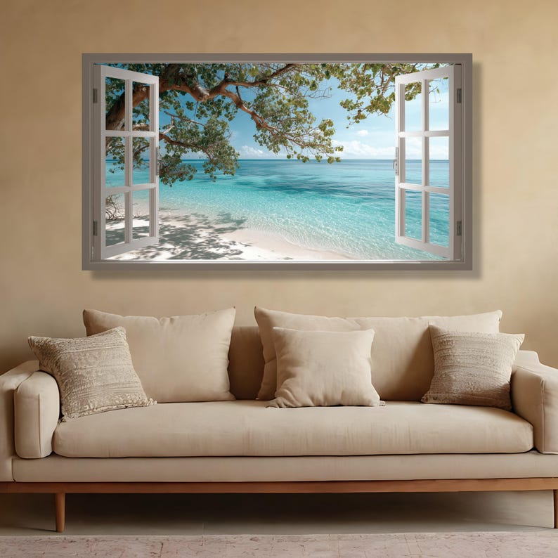 Tropical Beach View Through Open Window Canvas, Ocean Wall Art, Coastal ...
