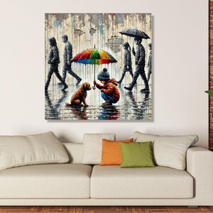 Child and Dog with Colorful Umbrella, Urban Rain Scene Canvas, Heartwarming Street Art Print, Modern Wall Art Decor, Ready to Hang Canvas image 6
