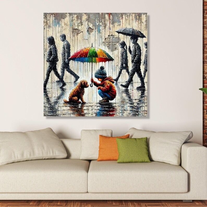 Child and Dog with Colorful Umbrella, Urban Rain Scene Canvas, Heartwarming Street Art Print, Modern Wall Art Decor, Ready to Hang Canvas image 6