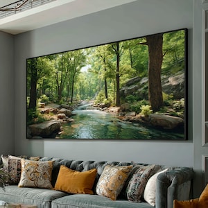Tranquil Forest Stream Canvas, Nature River Landscape Wall Art, Green Woodland Scenery, Relaxing Water Scene Canvas, Ready to Hang Home