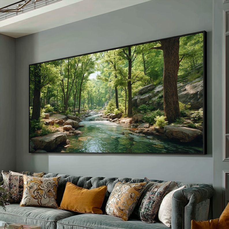 Tranquil Forest Stream Canvas, Nature River Landscape Wall Art, Green Woodland Scenery, Relaxing Water Scene Canvas, Ready to Hang Home image 1