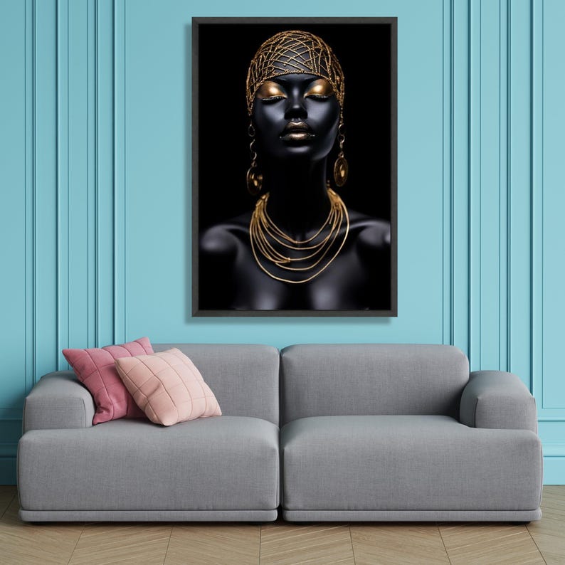 Elegant Black and Gold Portrait Canvas, Modern African Woman Wall Art ...