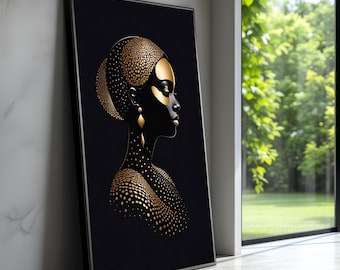 Elegant African Woman Silhouette Canvas, Gold and Black Abstract Portrait, Modern Ethnic Wall Art, Glamour Home Decor, Ready to Hang Canvas